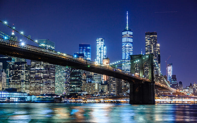 Brooklyn Bridge, Empire State Building, nightscapes, New York, USA, american cities, Brooklyn Bridge at night, New York City, NYC, Cities of New York, America, HD wallpaper