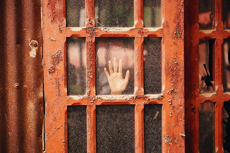 person hand on glass panel door with red wooden frame, HD wallpaper