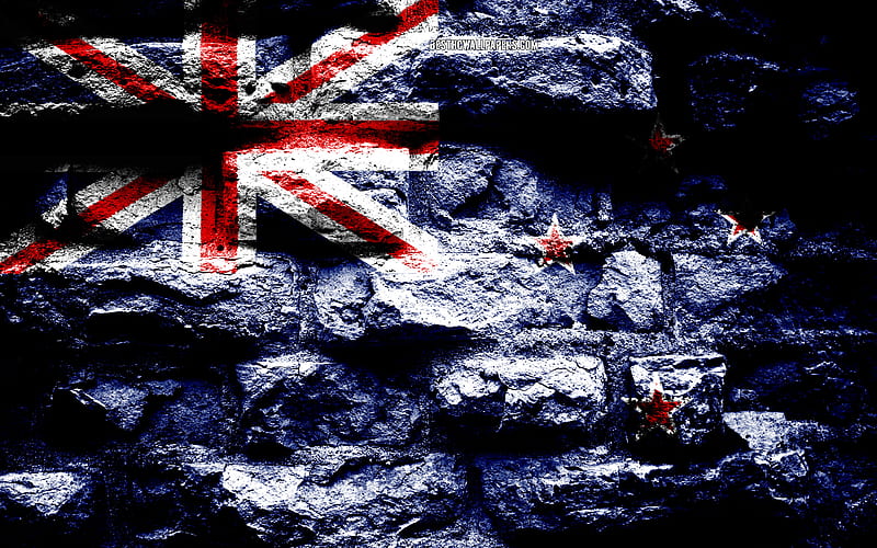 New Zealand flag, grunge brick texture, Flag of New Zealand, flag on brick wall, New Zealand, flags of Oceania countries, HD wallpaper