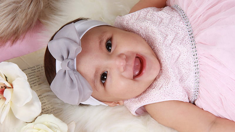 Smiley Cute Baby Is Looking Up Lying Down On Floor Wearing Pink Dress And White Head Band Cute, HD wallpaper