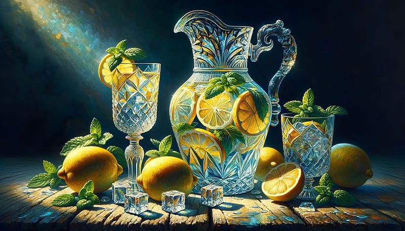 A still life of a crystal pitcher and glasses with lemons and mint, gyumolcs, menta levelek, kancso, asztal, csendelet, pohar, citrom, jegkocka, HD wallpaper