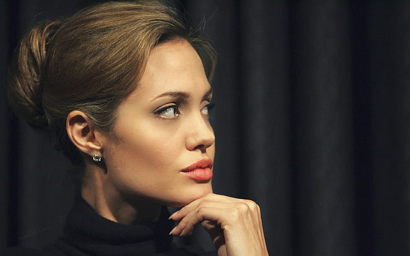 Angelina Jolie, portrait, profile, american actress, hollywood star, beautiful woman, black dress, HD wallpaper