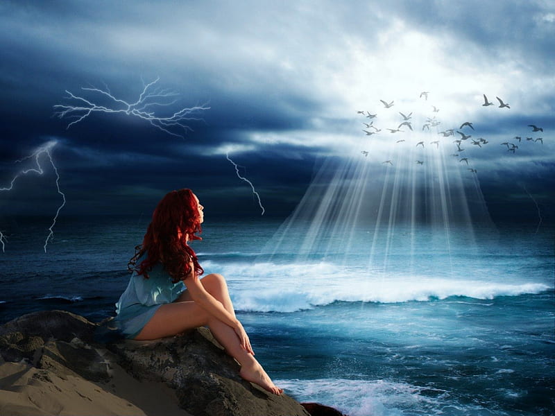 AFTER THE STORM, BLUE, CLOUDS, FEMALE, LIGHTNING, SKY, STORMY, WAVES, BIRDS, OCEAN, HD wallpaper