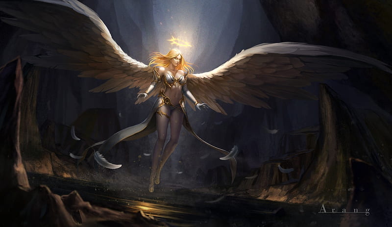 Archangel, art, fantasy, wings, luminos, girl, feather, angel, HD wallpaper
