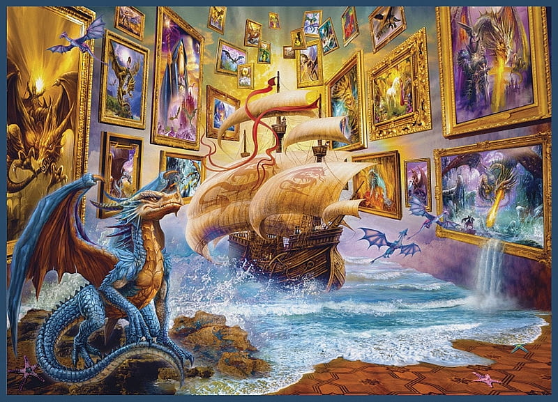 Dragon Gallery, art, paintings, water, sailship, room, dragons, HD wallpaper