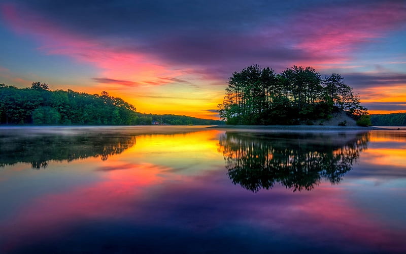 Dreamy Sunset, lake, colorful, forest, island, clouds, trees, sky ...