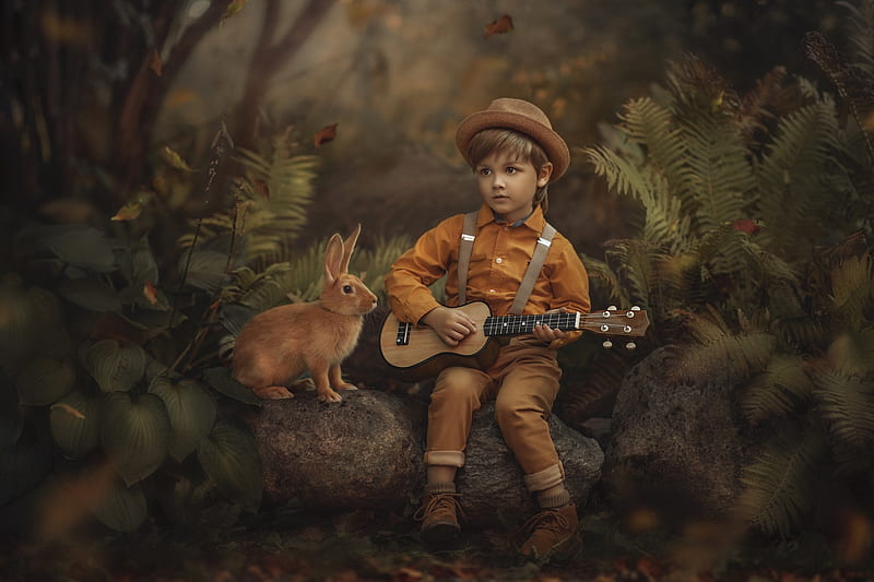 :), instrument, boy, rabbit, guitar, copil, child, bunny, jansone dace, HD wallpaper