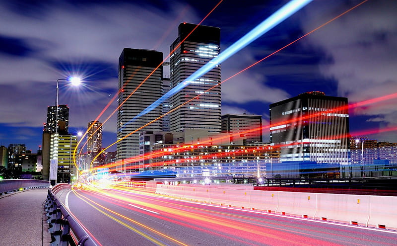 city highway in long exposure, highway, city, long exposure, lights, skyscrapers, HD wallpaper