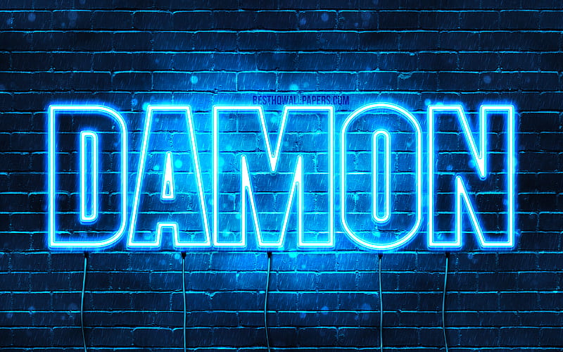 Damon with names, horizontal text, Damon name, blue neon lights, with Damon name, HD wallpaper