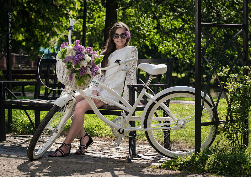 Models, Model, Bicycle, Brunette, Girl, Sunglasses, White Dress, Woman, HD wallpaper