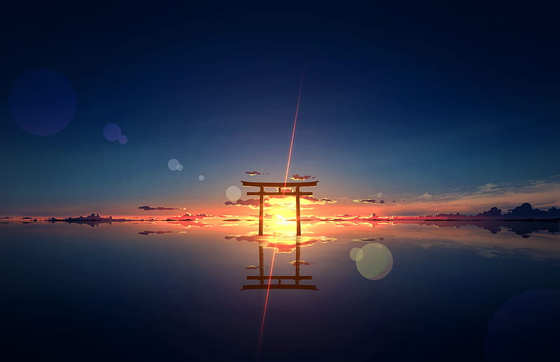anime landscape, shrine, torii, sunset, lens flare, water, reflection, Anime, HD wallpaper