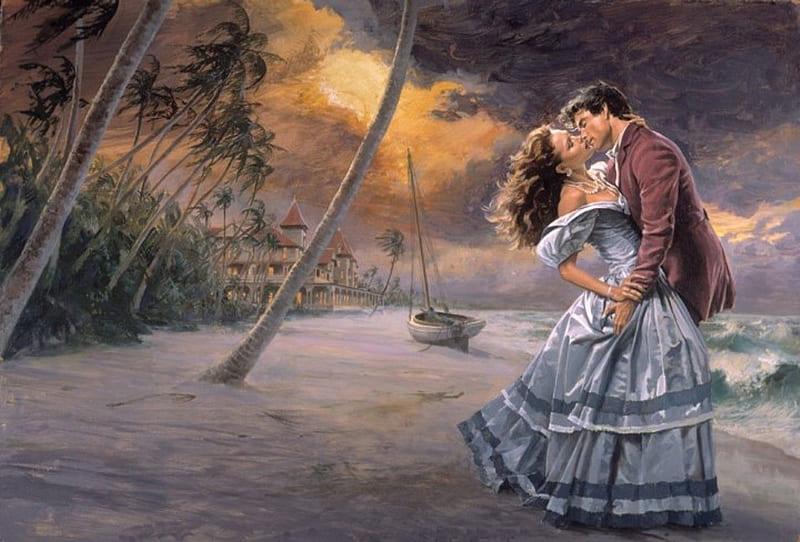MIDNIGHT WALTZ, waltz, beach, male, female, love, ocean, painting, midnight, HD wallpaper