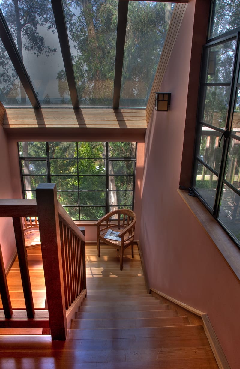 stairs, chair, railings, windows, interior, trees, HD phone wallpaper