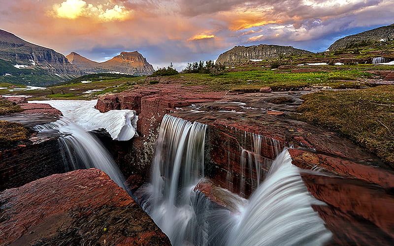 Glacier Nat'l. Park ~ Montana, Mountains, Waterfalls, Snow, Rocks, HD wallpaper