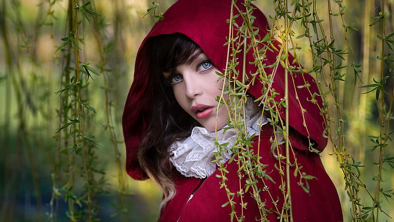 Red Riding Hood, hood, joachim bergauer, red, green, girl, model, woman, HD wallpaper