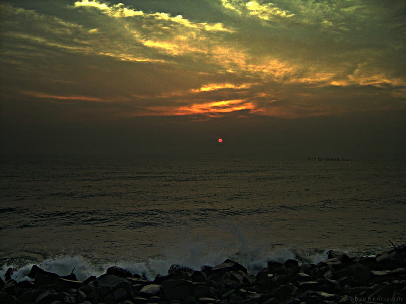 Electrifying Sunrise, Pondicherry, rocks, , Indian graphy, Bay of Bengal, waves, sea, beach, graphy, India, early morning, Sunrise, HD wallpaper