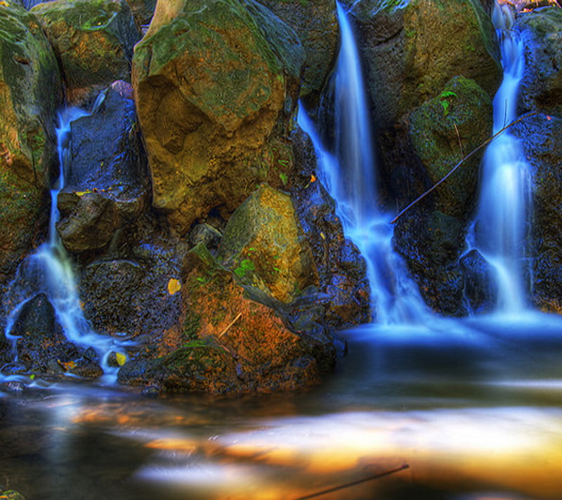 Waterfalls, glisten, glow, river, rocks, running, stones, water, HD wallpaper