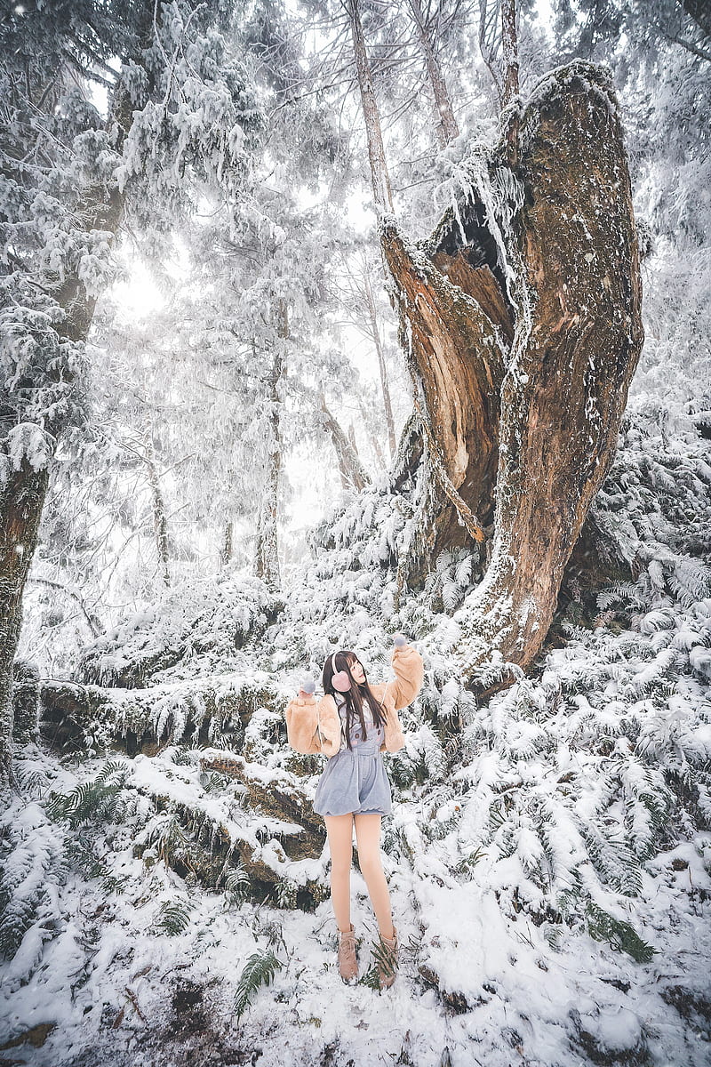 Asian, women, model, outdoors, women outdoors, trees, Asia, plants, cold, winter, snow, standing, HD phone wallpaper