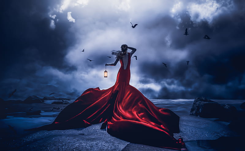 Lost In Night Girl Red Dress With Lantern, fantasy-girls, girls, lantern, artwork, digital-art, HD wallpaper