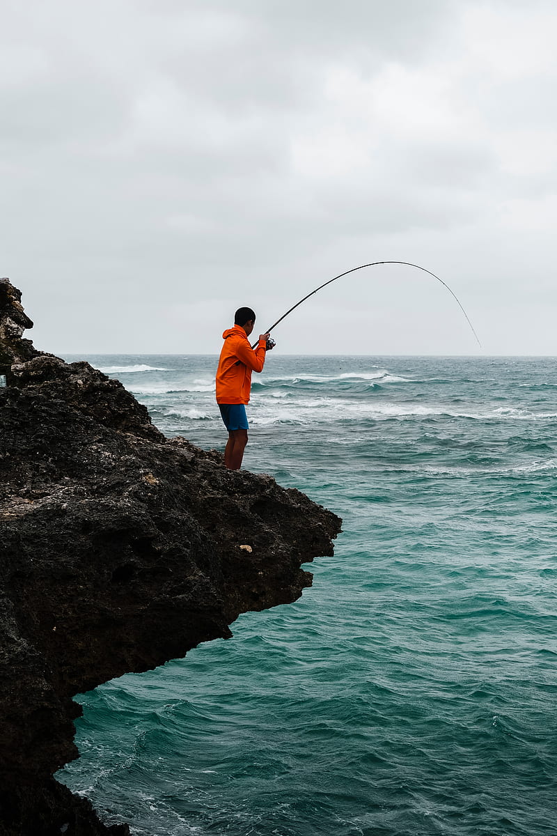 fishing, fisherman, boy, fishing rod, rock, sea, HD phone wallpaper