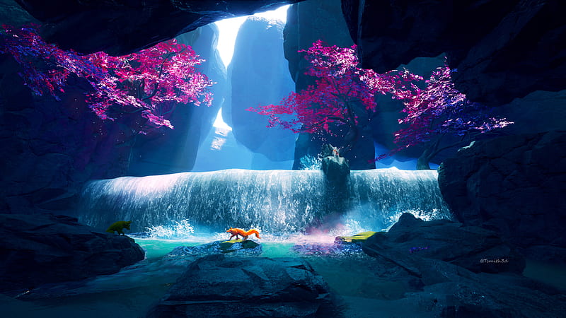 Fantasy Animals, Fox, Waterfall, HD wallpaper