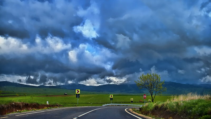take a right away from the storm, road, storm, clouds, signs, HD wallpaper