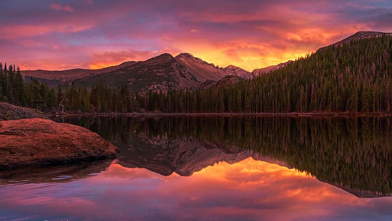 Bear Lake, Rocky Mountain National Park, Colorado, reflections, hills, colors, trees, sky, water, usa, sunset, HD wallpaper