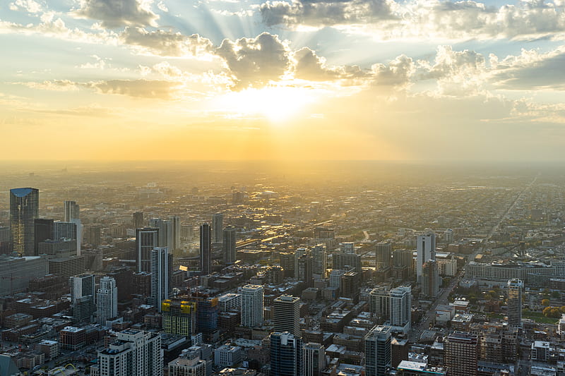 city, dawn, aerial view, cityscape, chicago, usa, HD wallpaper