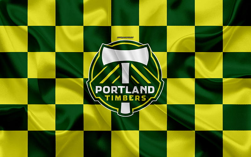Portland Timbers logo, creative art, green yellow checkered flag, American Soccer club, MLS, emblem, silk texture, Portland, Oregon, USA, football, Major League Soccer, HD wallpaper