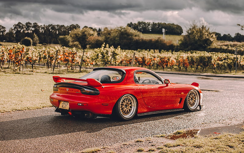 Mazda RX-7, rear view, red sports coupe, RX-7 tuning, red RX-7, bronze wheels, Japanese sports cars, Mazda, HD wallpaper