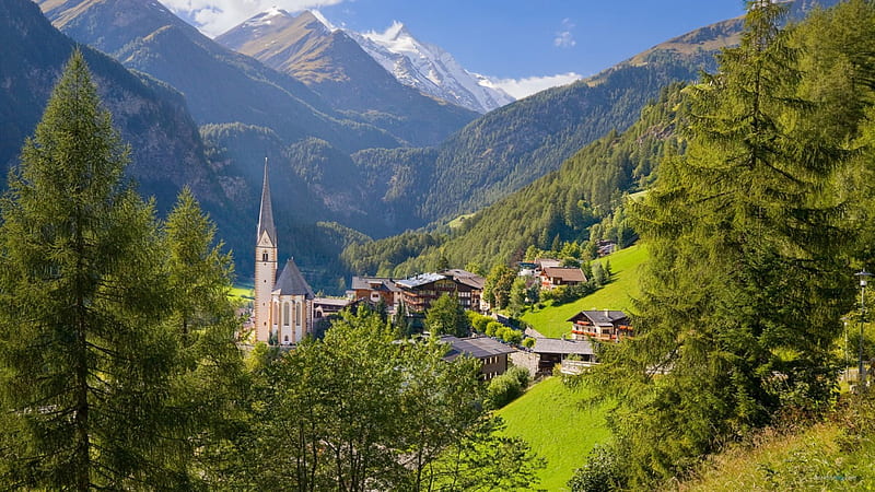 church in an austrian alpine village, village, church, valley, mountains, HD wallpaper