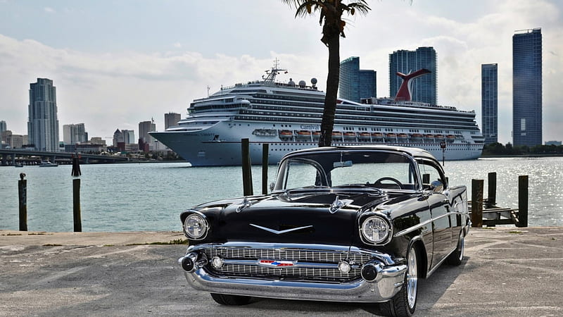 classic black chevrolet on miami waterfront, cruise ship, waterfront, car, black, classic, HD wallpaper