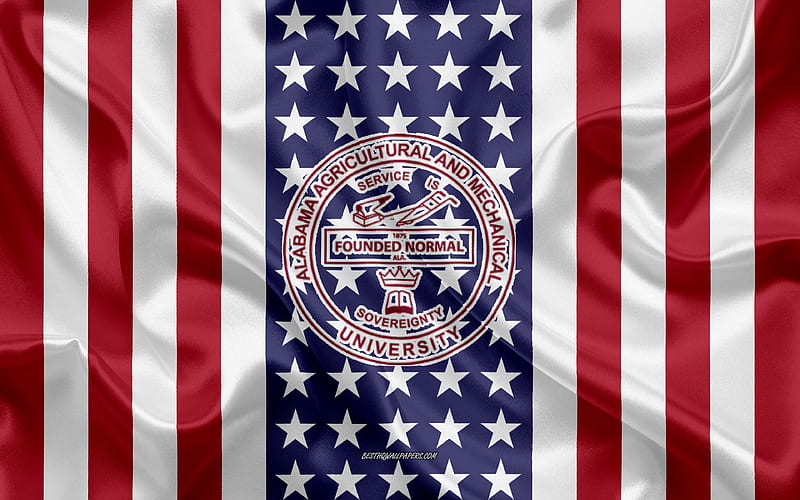 Alabama AM University Emblem, American Flag, Alabama AM University logo, Normal, Alabama, USA, Emblem of Alabama AM University, Alabama Agricultural and Mechanical University, HD wallpaper