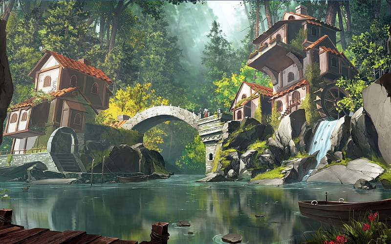 Watermill, fantasy, anime, forest, bridge, river, HD wallpaper