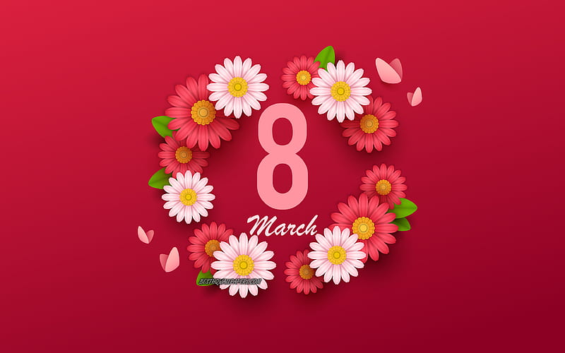 8 March, background with flowers, spring flowers, International Womens Day, red floral background, HD wallpaper