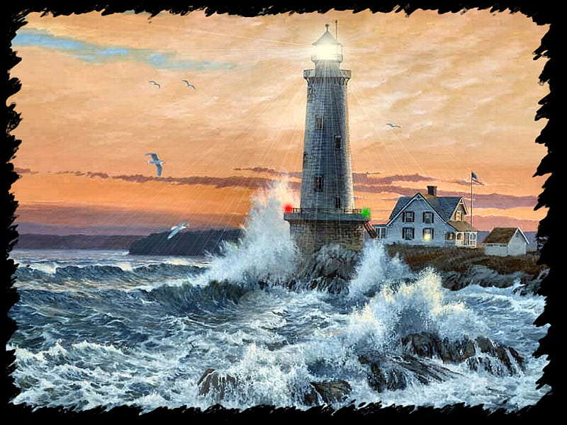 Storm Tides - Lighthouse F2, art, persis clayton weirs, weirs, ocean, surf, waves, storm, lighthouse, sea, persis weirs, painting, seascape, scenery, HD wallpaper