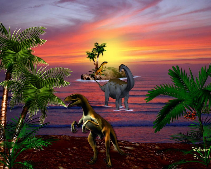 Tropical Dinos 1280x1024, t-rex, sunsets, animals, dinosaurs, HD wallpaper