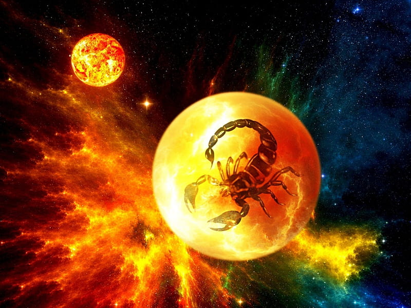 Zodiac ~ Scorpio, fire, scorpio, fantasy, planet, orange, zodiac, HD wallpaper