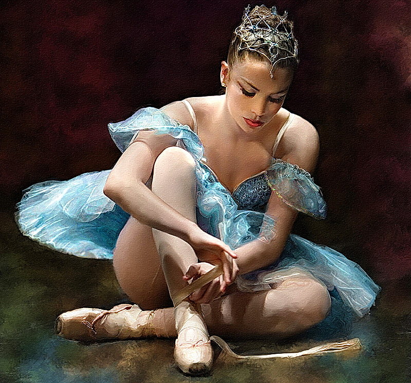Ballerina Blue, ballerina, blue outfit, ballet slippers, black background, beauty, woman, dancer, HD wallpaper