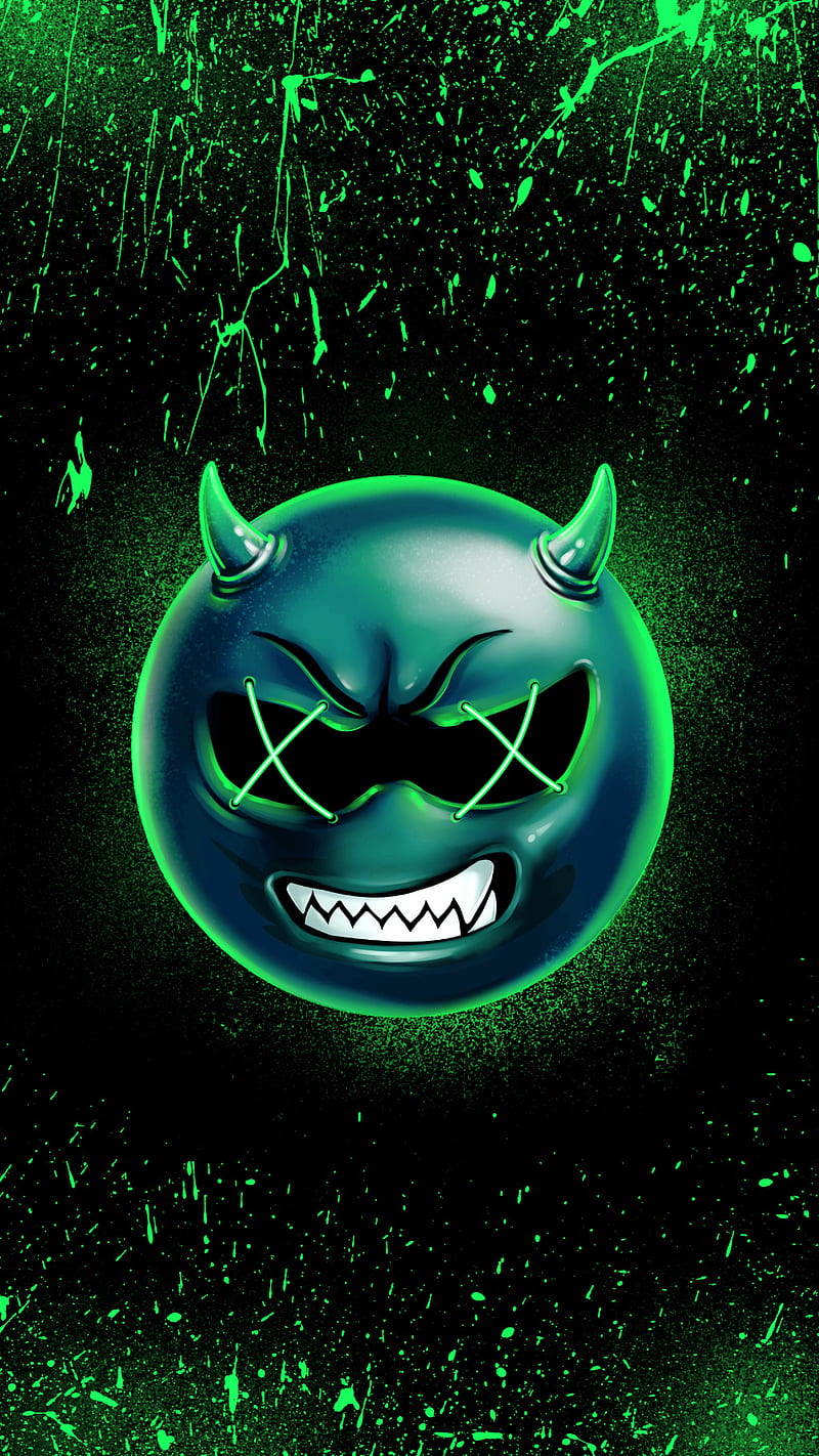 Devil emoji, full, green, logo, neon, HD phone wallpaper