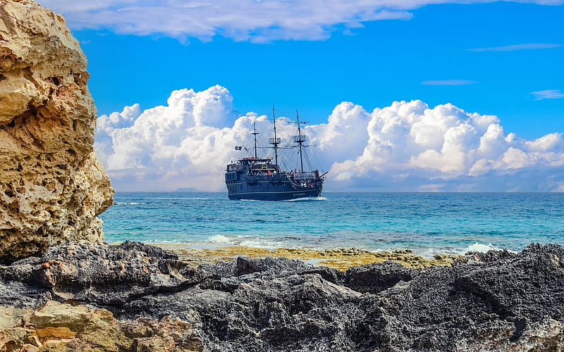 Ship by Rocky Coast, sea, ship, rocks, coast, clouds, HD wallpaper