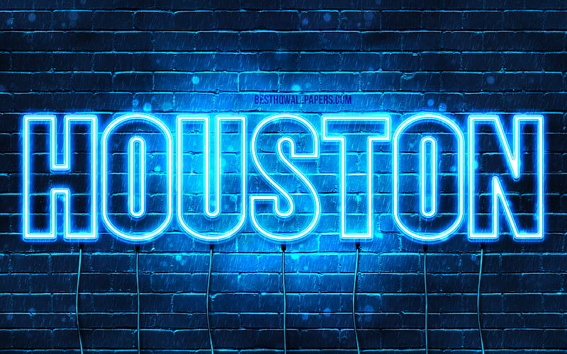 Houston with names, horizontal text, Houston name, Happy Birtay Houston, blue neon lights, with Houston name, HD wallpaper