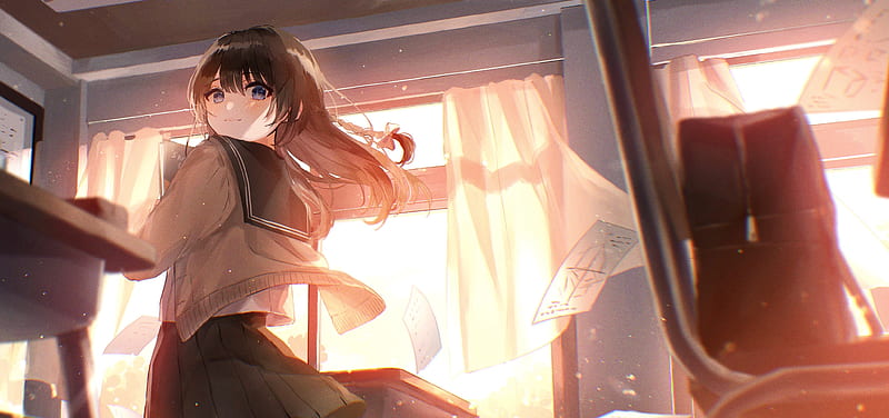 anime school girl, curtains, classroom, smiling, brown hair, Anime, HD wallpaper