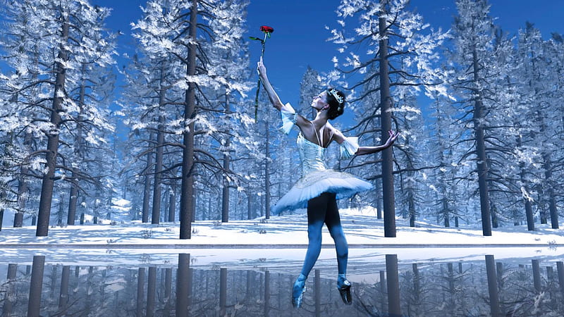 Swan song..., forest, ballerina, ballet dancer, trees, woman, lake, winter, red rose, brunette, snowy forest, water, snow, ice, single, HD wallpaper