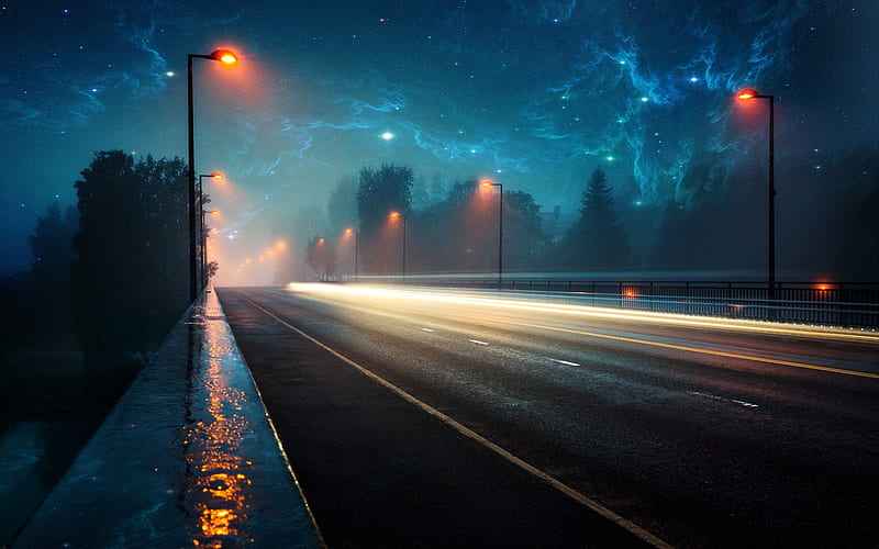 Night High-lane with Nebula Sky, HD wallpaper