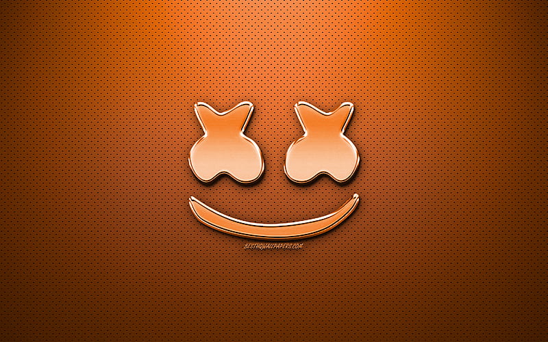 Marshmello orange logo, fan art, american DJ, chrome logo, Christopher Comstock, Marshmello, orange metal background, DJ Marshmello, DJs, Marshmello logo, HD wallpaper