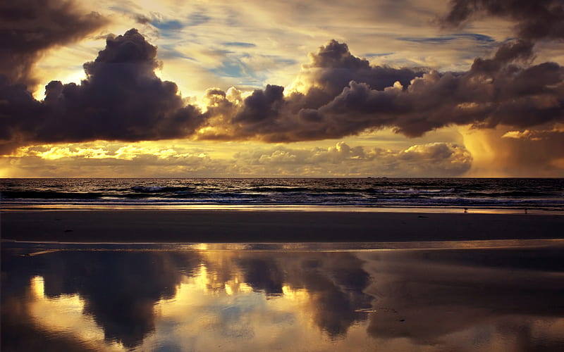 Reflection, ocean, sunset, waves, sky, clouds, storm, sea, beach, sand, nature, HD wallpaper