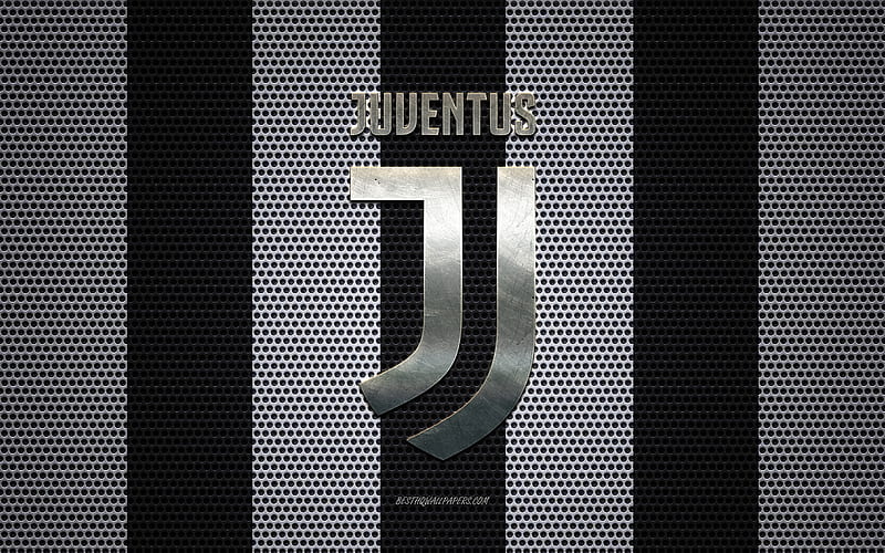 Juventus FC logo, Italian football club, metal emblem, white black metal mesh background, Juventus FC, Serie A, Turin, Italy, football, HD wallpaper