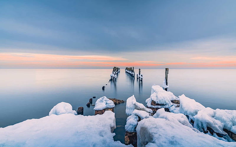 Winter Sea, Latvia, breakwater, snow, sea, HD wallpaper
