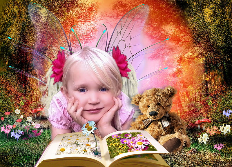 ✰.Magic Book of Angel.✰, pretty, book, adorable, magic, angels, sweet, fantasy, splendor, manipulation, love, emotional, flowers, forests, face, child, kids, wings, lovely, happiness, abstract, lips, trees, cute, cool, Tinca2, hop, eyes, colorful, woods, bonito, digital art, emo, fairies, girls, animals, colors, butterflies, backgrounds, HD wallpaper